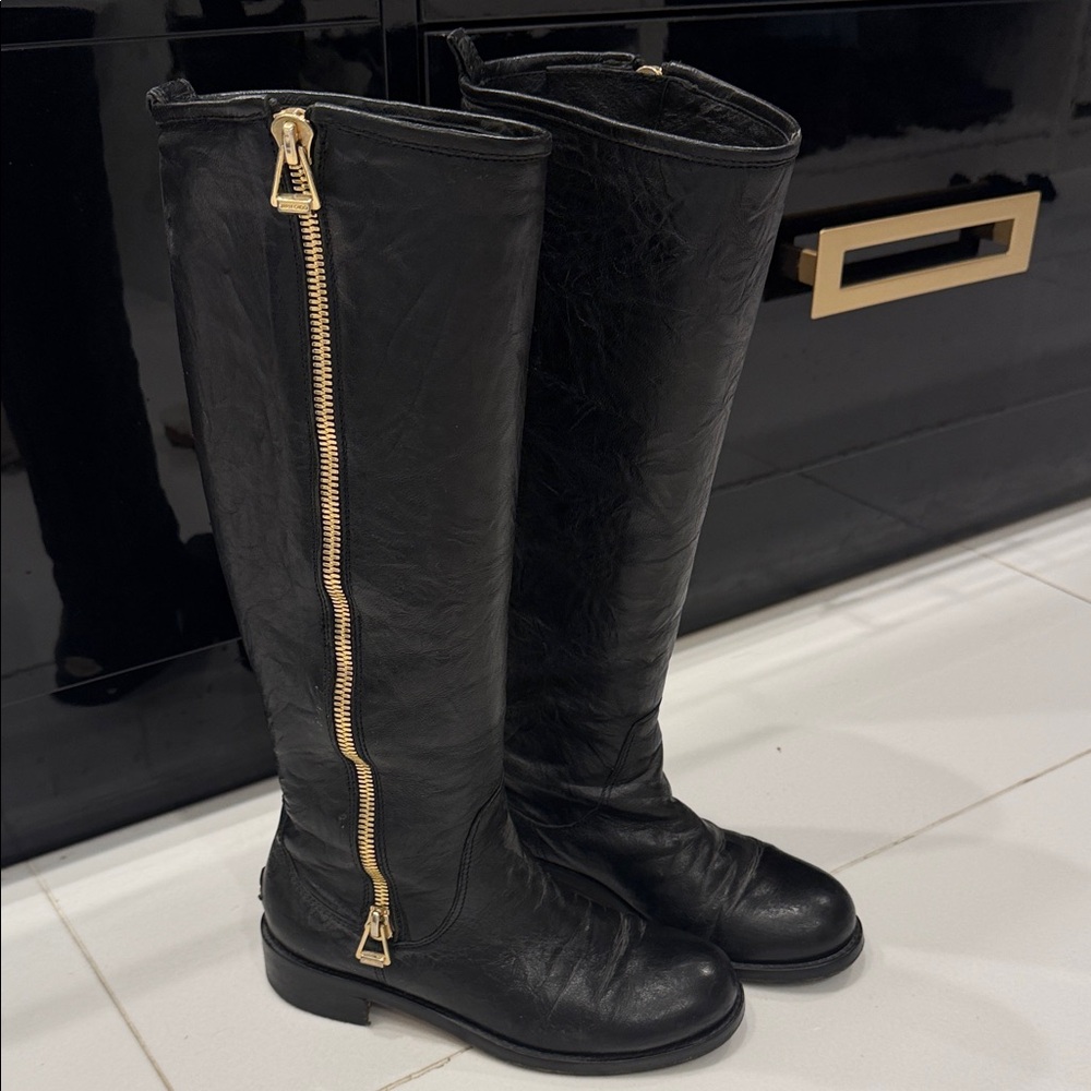 Jimmy Choo Black Over the Knee Boots with Gold Zipper size 36.5